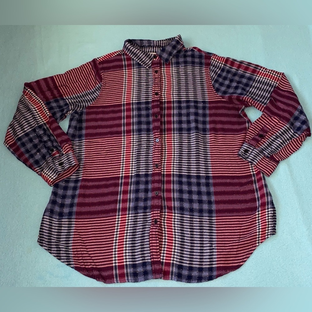 AVENUE metallic threads collared button up long sleeve roll tabs NEW size 14-16